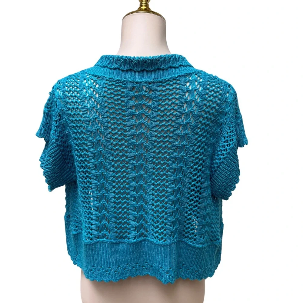 Sweaterworks Bolero Shrug SmTurquoise Blue Pointelle Open Knit Cropped Coastal - Picture 5 of 7